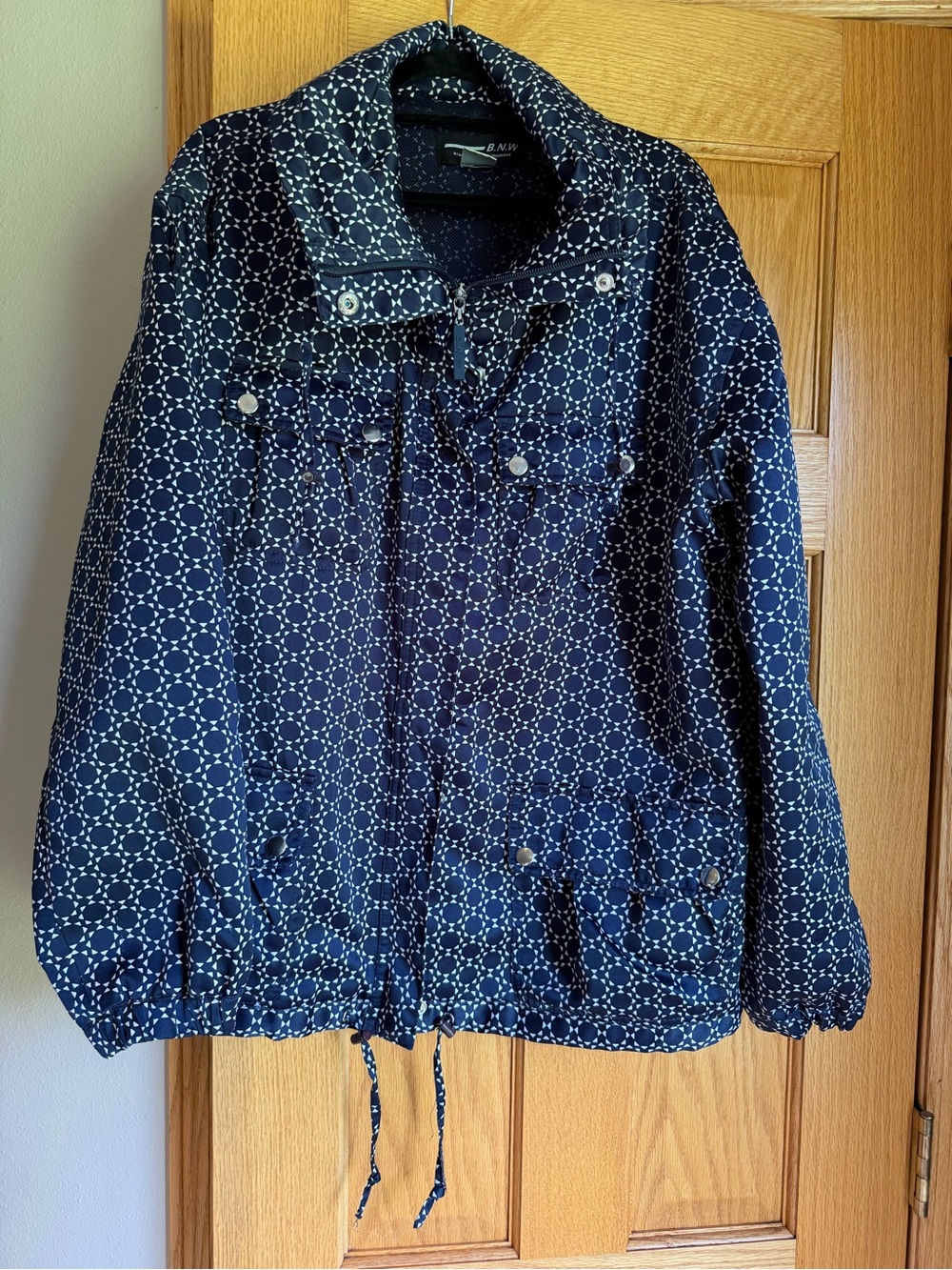 Bianca Nygard Weekend Geometric Utility Jacket Navy Silver Snap Windbreaker 16
